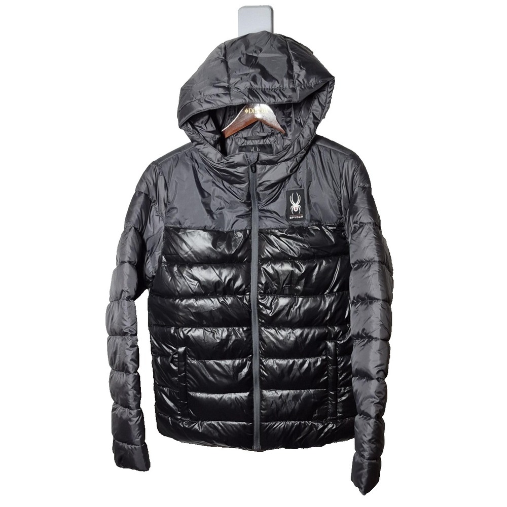 Spyder Polar‎ Jacket Mens S Gray/ Black Hooded Puffer ThermaWEB Water Resistant